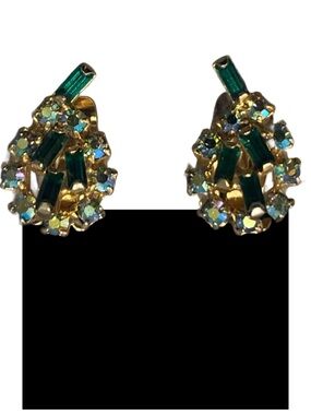 Gold-Tone Green Crystal Cluster Clip Earrings